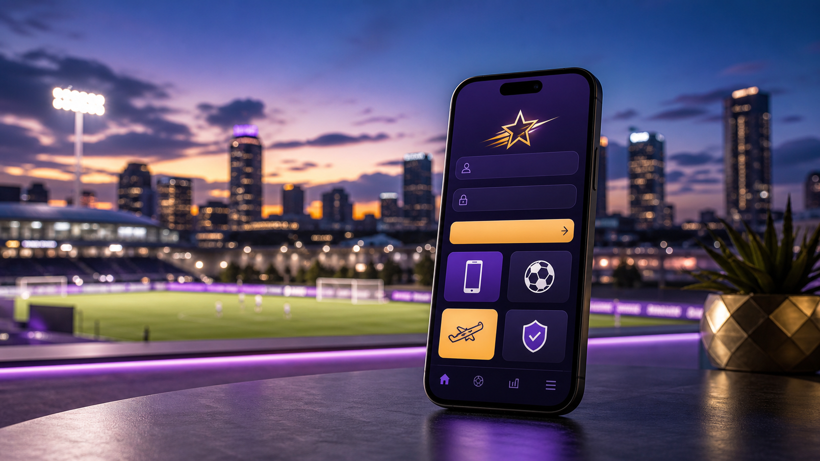 Secure account dashboard on a smartphone with purple and gold controls